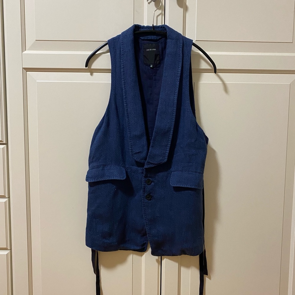 pas de calais Navy Blue Linen Vest with Ribbon - Picture 1 of 10